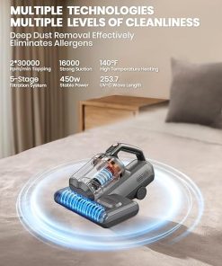 Mattress Vacuum, Bed Vacuum Cleaner with 16Kpa Suction, UV-C 253.7nm Light, Heating & Ultrasonic, Double Brush Roller and a Replaceable HEPA Filter, 30000 RPM/Min, Corded 2